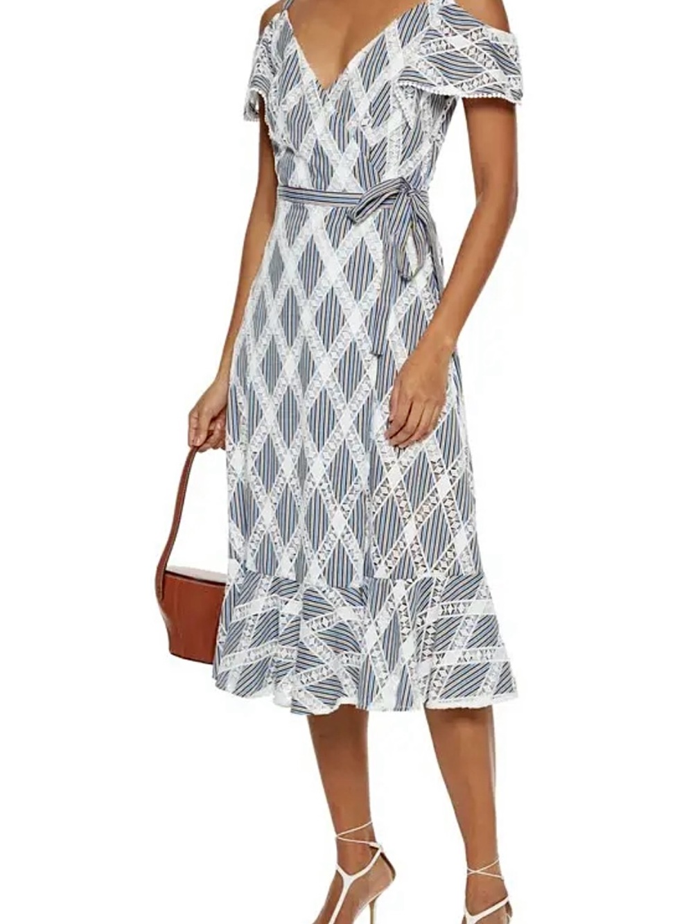 Sandro Blue and White Off-Shoulder Diamond Print Midi Dress Size 34
